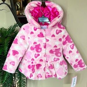Brand New Pistachio Pink Hearts Zip Up Hooded Pea Coat Faux Fur Jacket Satin